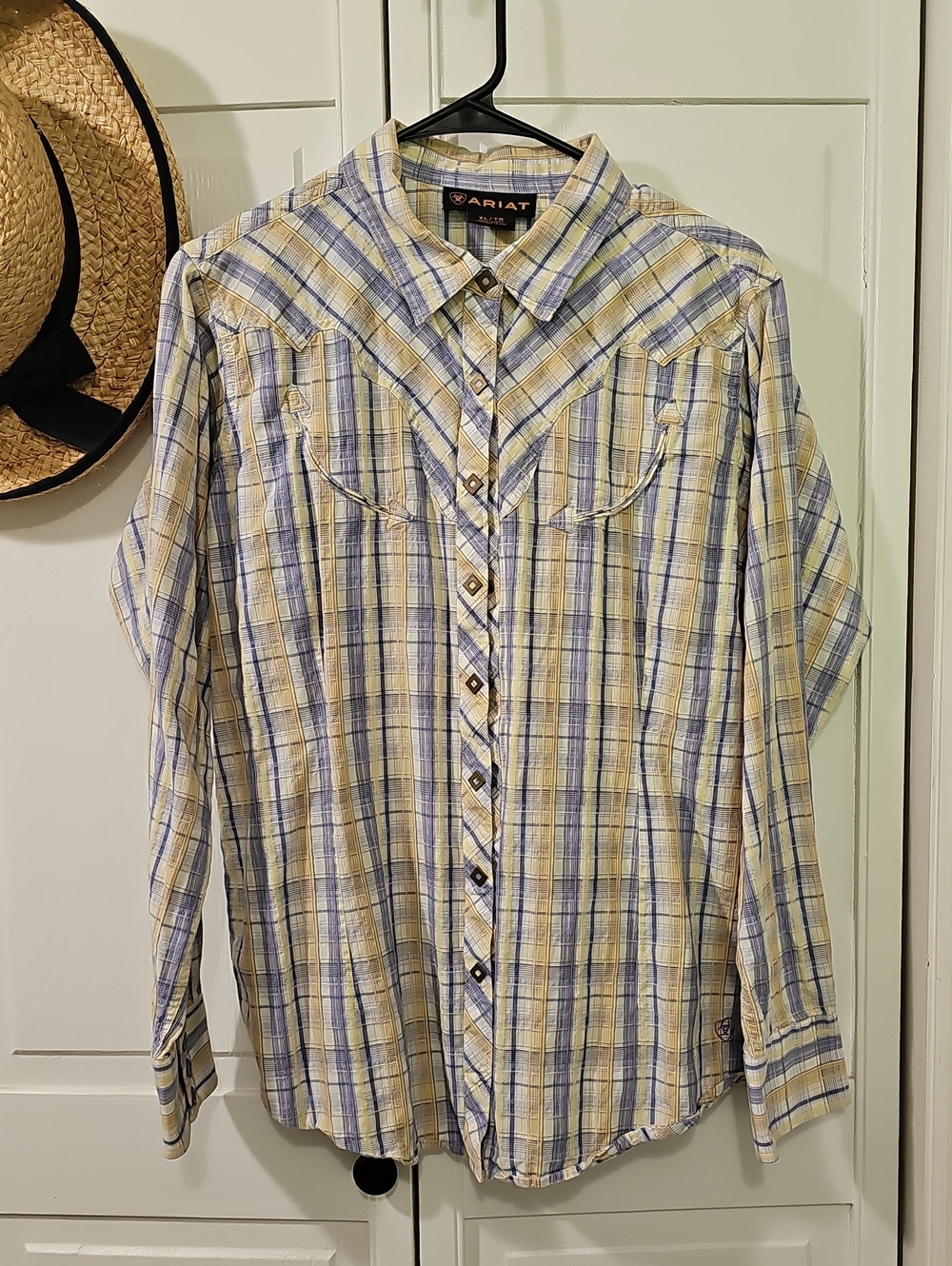 Ariat Yellow and Blue Plaid Women's Western Yoke Long Sleeve With Unique Snaps!